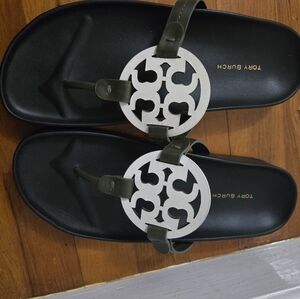 Tory Burch Black and Cream Slide Sandals